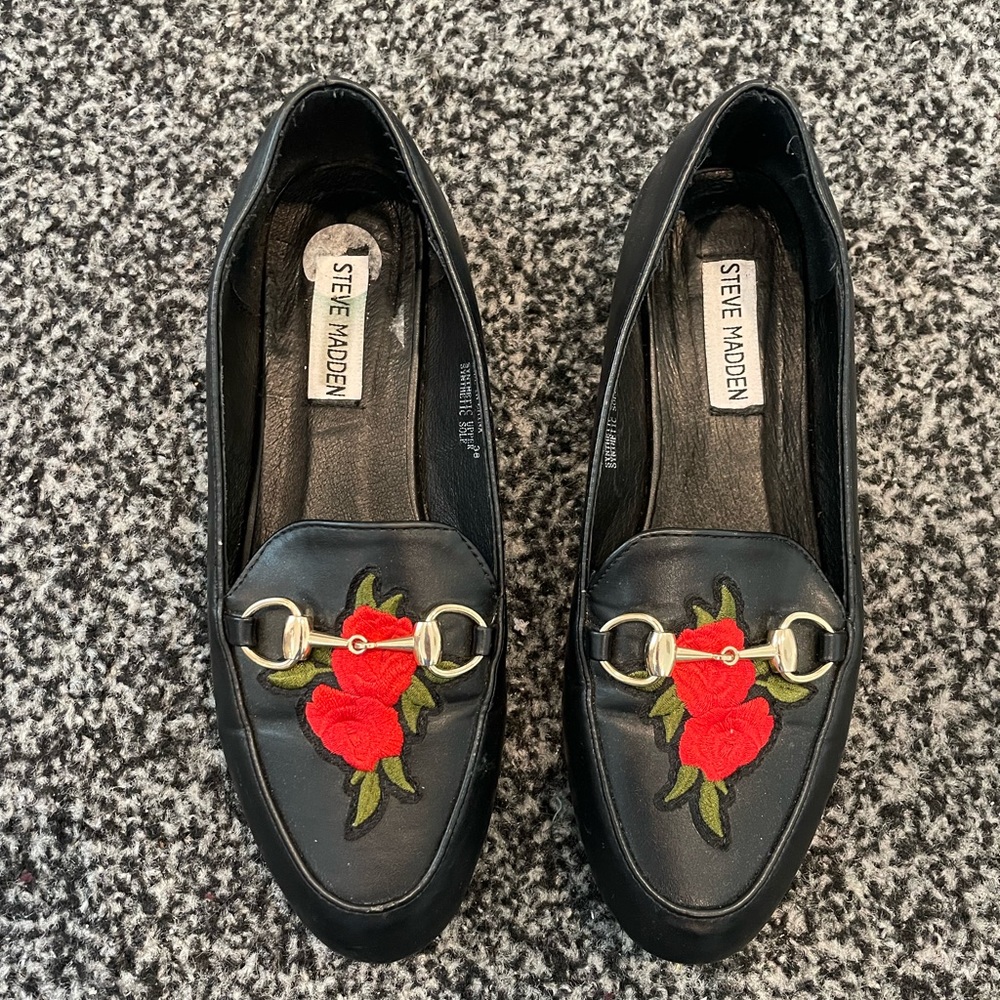 Steve Madden Black Leather Loafers with Red Rose Embroidery
